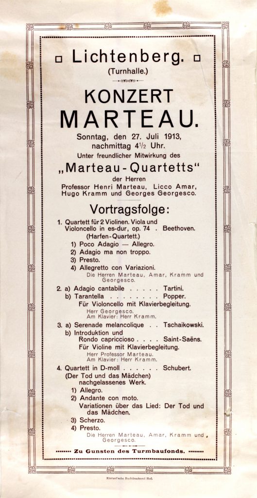 Das Konzertprogramm für das Konzert „zu Gunsten des Turmbaufonds“ am 27. Juli 1913.